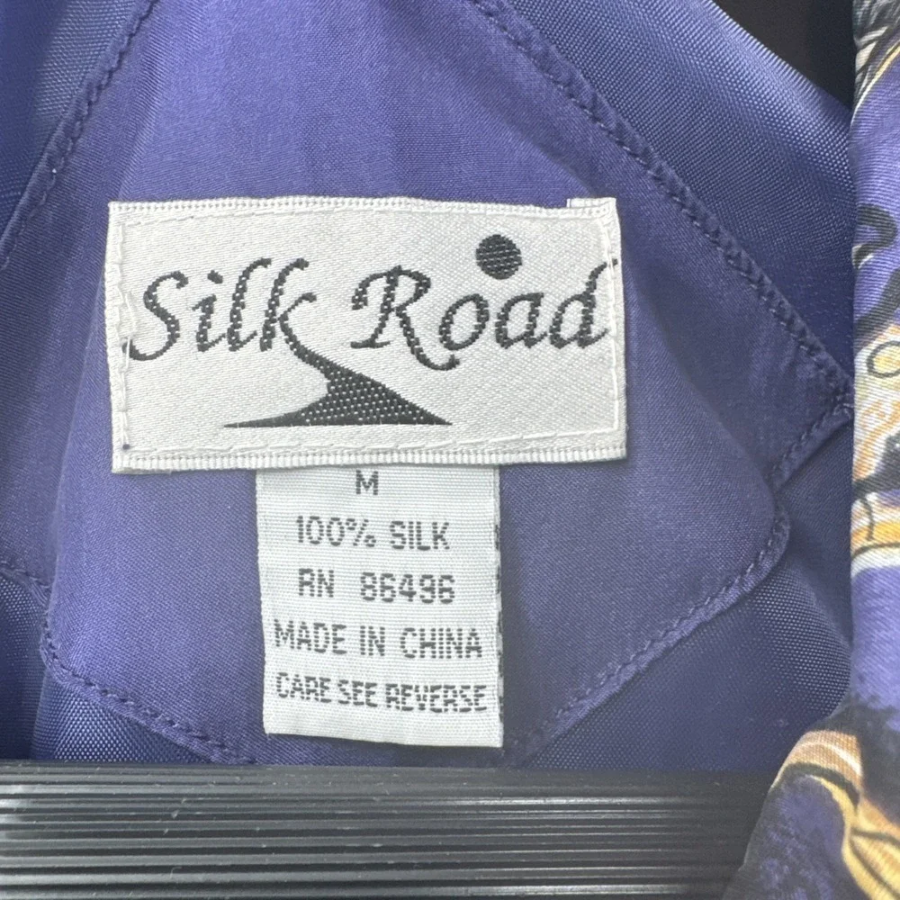 VTG Silk Road 100% Silk Track Jacket Women's M Musical Instruments Abstract  80s